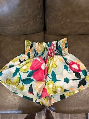 TCEC Floral High-Waist Smocked Shorts in Pink, Teal, Yellow